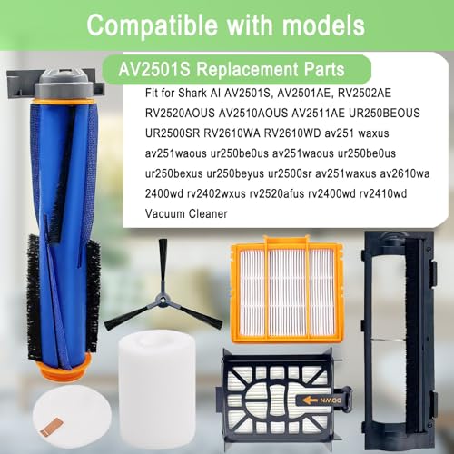 Replacement Parts for Shark AI AV2501S AV2511AE AV2610WA AV2501AE RV2502AE RV2400WD AI Ultra 2- in-1 Robot Vacuum, Main Brush, Filter, Side Brush, Roller Cover, Pre-Motor Foam & Felt Filter - color: AV2501S Parts Kit