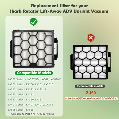 Filter Replacement for Shark LA300 LA301 LA322 LA351 LA500 LA502 LA555 LA360 LA362 LA401 LA455 LA702 Rotator Lift-Away ADV DuoClean PowerFins Upright Vacuum, Part XFFK320 & XHF320 2 HEPA 4 Foam - size: Shark LA502 2 HEPA 4 Foams Felt Filters
