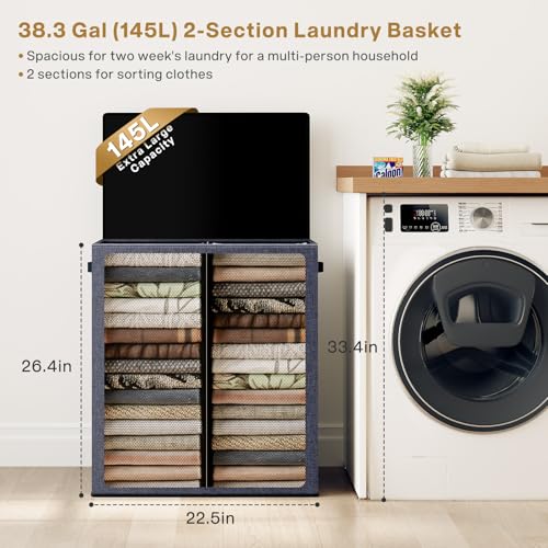 SOLEDI Large Double Laundry Hamper with Lid, Collapsible Clothes Hamper 2 section with Removable Bags, Space-Saving Laundry Basket for Bedroom, Dorm, College - color: Navy blue, size: 145l