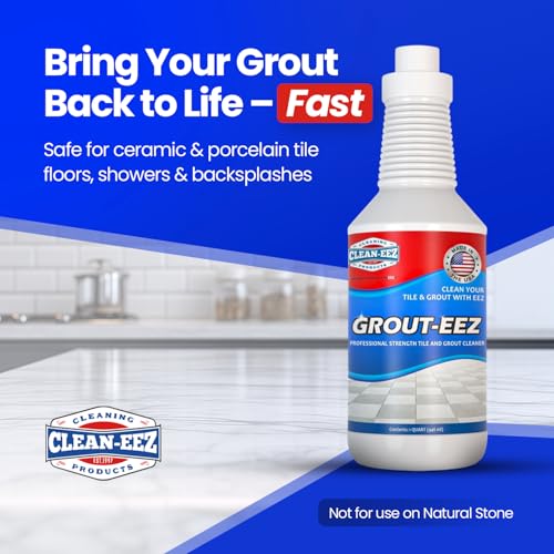 Clean-eez Grout-eez Tile Cleaner with Stand-Up Brush Head – Heavy-Duty Stain Remover for Ceramic and Porcelain Floors – Safe for Colored Grout – Not for Natural Stone – Pole Not Included - 32 oz - style: 1 Bottle + Grout Brush