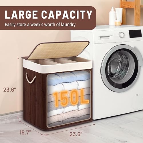 Aliphon 150L Laundry Hamper with lid, 3-Section Clothes Laundry Basket with Handles, Large Collapsible Bamboo Baskets for Bedroom, Bathroom, Dorm, Brown - color: Chestnut Brown, size: 150L