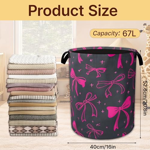 Laundry Hamper Foldable with Handles,Cute Pink Bowknot Oxford Cloth Basket,Large Capacity Storage Organizer for Bedroom Bathroom Dorm Room - color: Cute Pink Bowknot