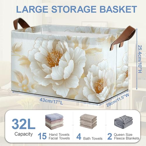 Vintage Peony Storage Baskets,White Gold Flower Foldable Large Capacity Organizer Bins with Waterproof Lining and Leather Handles for Closet,Shelf,Bedroom 17x11.5x10Inch - color: Vintage Peony White Gold Flower