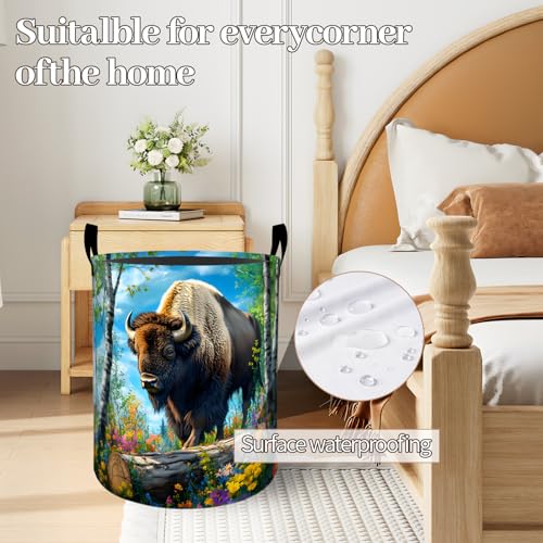 Strong Bison in Birch Forest with Floral Laundry Basket 19.7"x15.7", Collapsible Dirty Clothes Waterproof Laundry Hamper Organizer Toy Storage Bin for Dorm Nursery Bathroom Decor - style: Bison06