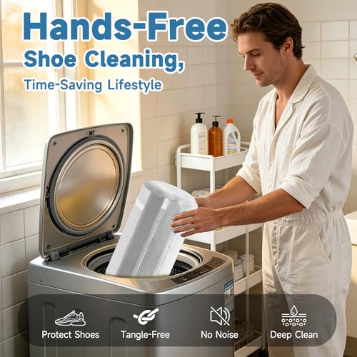 2PCS XXL Shoe Washing Machine Bag with Adjustable Shoes Trees - Heavy Duty Reusable Shoe Laundry Bag for Washer and Dryer - 360° Deep Clean & Protect Chenille Microfiber Sneakers Wash Bags - White - color: White
