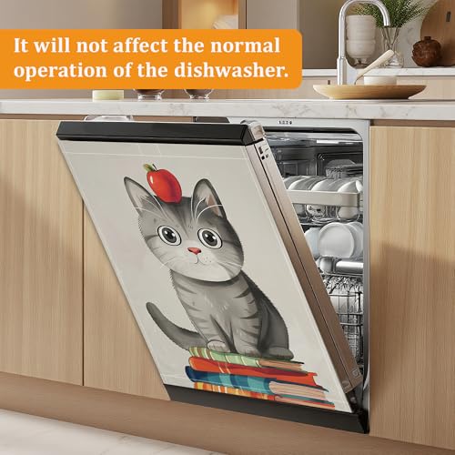 Cute Book Cat Dishwasher Front Panel Cover, 23 x 26 Inch Magnetic Door Sticker, Reusable Easy Clean Appliance Decor for Fridge Door - color: Cute Book Cat