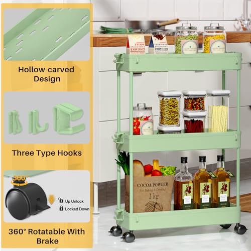 SPACEKEEPER Slim Rolling Storage Cart, 3 Tier Bathroom Cart Organizer,Green - color: Green