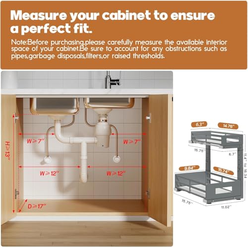 1-Pack Under Sink Organizers and Storage,2-Tier L Shape Pull Out Cabinet Organizer With Round Tube Slide Rails,Hight Adjustable Slide Out Drawers for Kitchen&Bathroom,Multi-Purpose Storage Shelf-Gray - color: Gray, size: 1 Pack-15.7"Dx11.4"-16.34"H