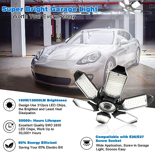 LED Garage Light - 160W Garage Light Bulb 64000LM 6500K Super Bright Garage Lighting w/ 6 Deformable Panels Screw in Shop Lights for Basement Workshop Warehouse Attic - 4Pack - size: 160W - 4Pack