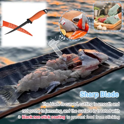 Fishing Knife Set, Fish Cleaning Kit, Filet Knife for Fish, Fish Scale Cleaning Brush, Multi-Functional Scissors, Gloves, Fishbone Tweezers, Storage Bag,Fishing Accessories,Fishing Tool Kit - size: 7PCS-Orange