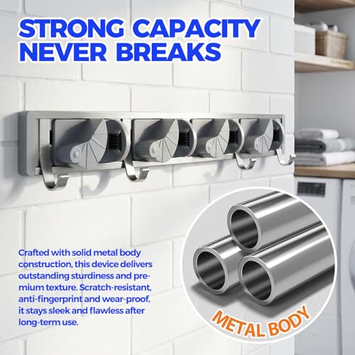 Holikme Mop Broom Holder Wall Mount Metal Pantry Organization and Storage Garden Kitchen Tool Organizer Wall Hanger for Home Goods (4 Positions with 4 Hooks, Silver) - color: Silver