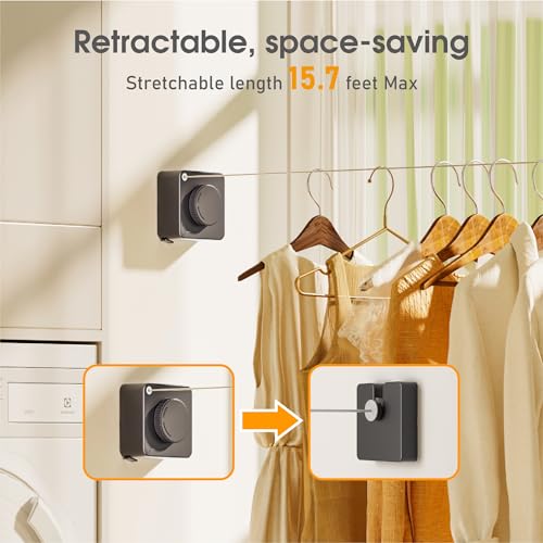 Retractable Heavy Duty Clothesline - Wall Mounted Indoor and Outdoor Laundry Drying Solution, 15.7ft Anti-Sagging Stainless Steel Rope (Grey) - color: Gray