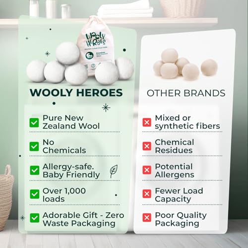 Chemical Free & Baby Safe! Reusable Wool Dryer Balls XL 6-Pack - Reduces Static, Cuts Dry Time, & Softens Naturally - color: Plain