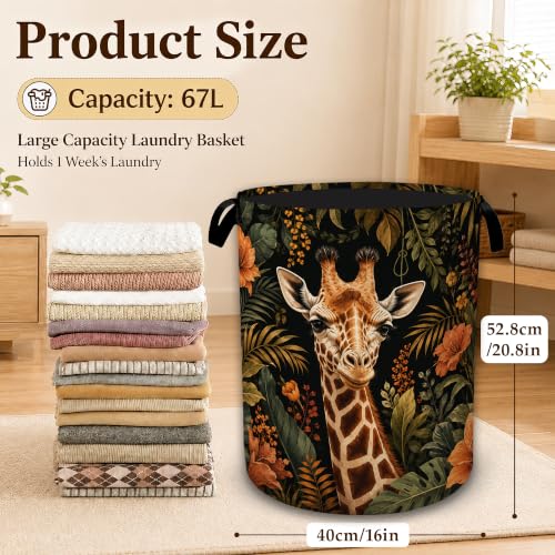 Safari Giraffe Floral Laundry Basket with Handles, Foldable Tall Oxford Clothes Hamper, Lightweight Water-Resistant Storage Bin for Bedroom Bathroom College Dorm, 16 x 20.8 Inch - color: Safari Giraffe Floral