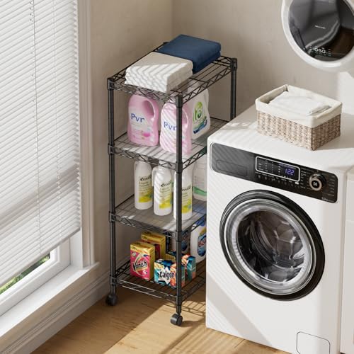 SINGAYE 4 Small Shelves Storage Shelf Wire Shelving Unit Metal Shelf Adjustable Organizers Storage Shelving with Wheels for Bathroom Laundry Room Kitchen Pantry11.5”D x 17.3”W x 44.5”H Black - color: Black, size: 4 Tier 11.6"Dx17.6"Wx44.5"H
