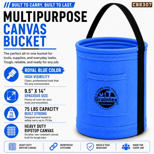 Graintex Canvas Utility Bucket 9.5"x14", Round Tool Bucket, Reinforced Base & Carry Handle, Ripstop Canvas, Ideal Multi-Purpose Bag for Jobsite, Gardening, Home Use, Tool Storage - Royal Blue - color: Royal Blue