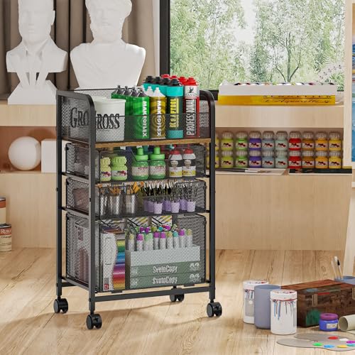 4-Tier Rolling Utility Cart with 3 Drawers-Craft Organizers and Storage with 360° Lockable Wheels,Art Supply Storage Organizer for Art Supplies, Store for Brushes & Paints & Artifacts Patent Pending - color: Black, size: 3 Tier Drawers