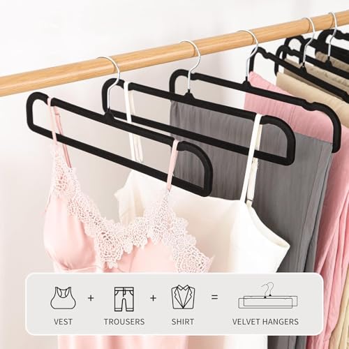 Velvet Hangers Non Slip - 20 Pack Pants Hangers for Closet - Thin Space Saving Clothes Hanger - Strong, Durable, Jean Perchas with 360 Degree Rotatable Hook for Tank Top (Black Silver Hook) - color: Black Silver Hook