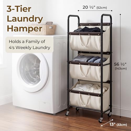 GRANNY SAYS 3 Tiered Laundry Sorter, Narrow Hamper Cart with Wheels - color: Beige