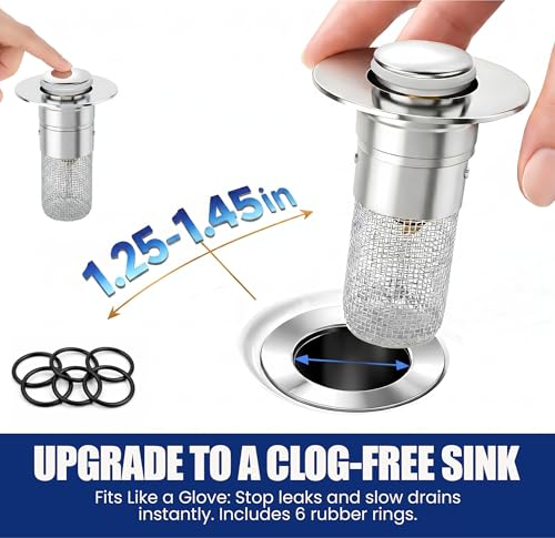 Bathroom Sink Drain Strainer with Removable Basket – 2 Pack Bathroom Sink Stopper Plug & Pop Up Drain Stopper | 2.90 x 2.30 x 1.25 inches | Easy to Clean Hair Catcher