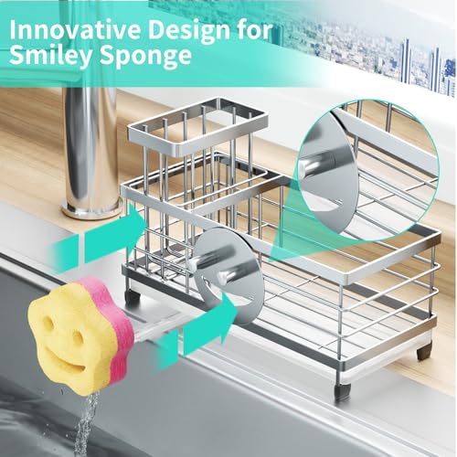 HapiRm Sponge Holder for Kitchen Sink - Self-draining Sink Caddy with Smiley Face and Brush Holder, Stainless Steel Kitchen Organizer for Countertop - Silver - color: Silver, size: with Smiley Face Sponge Holder(single)