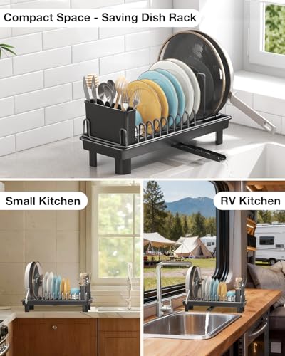 Small Dish Drying Rack with Drainboard, Compact for Kitchen Counter, Black - color: Black