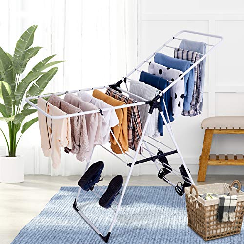 S AFSTAR Folding Clothes Drying Rack, Collapsible Laundry Drying Rack w/Adjustable Gullwing & Shoe Holder, Space-Saving Clothes Drying Hanger for Indoor & Outdoor Use, No Assembly Required - style: 2 Wings