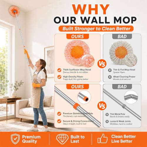 Wall Mop for Painted Walls, Wall Cleaner Mop with 104''/ 62" Long Handle, Dry Mop for Wall Floor Ceiling Cleaning, 2 Reusable Pads (Orange) - size: 104 in / 264 cm