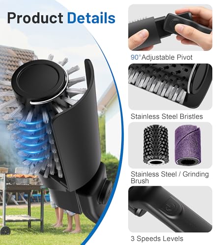 Electric Grill Brush 2-in-1 Automatic Grill Cleaner for Outdoor, Cordless Grill Cleaner with 3-Speed & Adjustable Angle, Waterproof Cleaning Tool for BBQ Grates