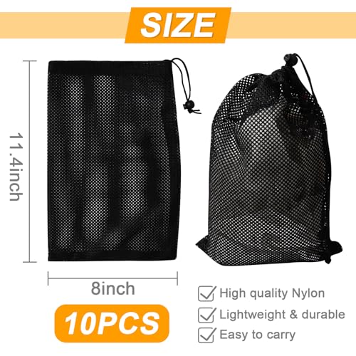 10Pcs Nylon Mesh Drawstring Bag,8 x 11.4 Inch Nylon Mesh Bags with Drawstrings Black Bags with Cord Lock Closure for Balls and Travel Laundry Bag