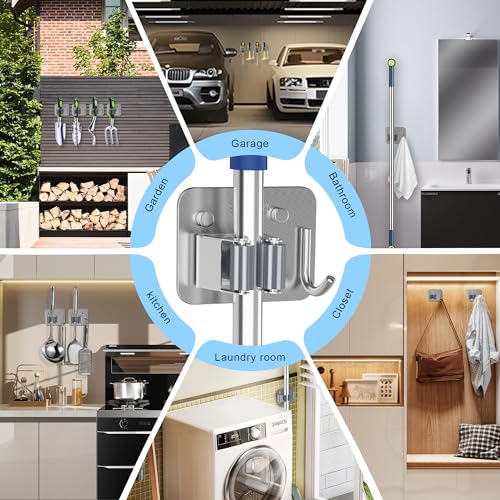 2 Pack Broom Holder Wall Mount, 304 Stainless Steel Mop Organizer with Hook - color: A-Silver, size: 2PCS Gripper