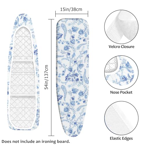 Padded Ironing Board Cover, 15 * 54 in Standard Size Ironing Board Covers, Easy Hook and Loop Fastener, Universal Fit for Standard Boards - color: Light Blue Flowers