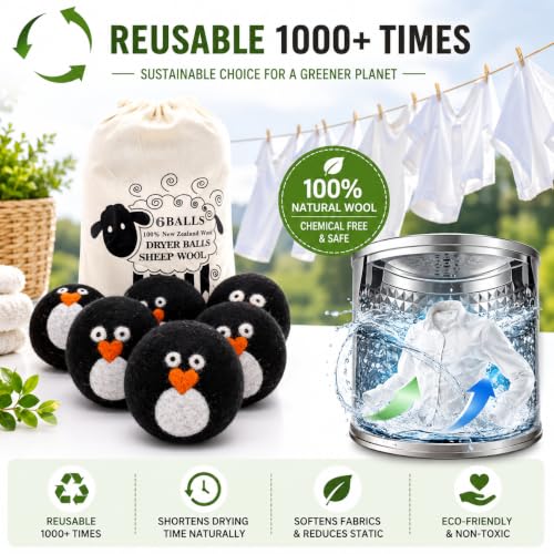 6 Pack Wool Dryer Balls, Penguin Fabric Softener Laundry Balls