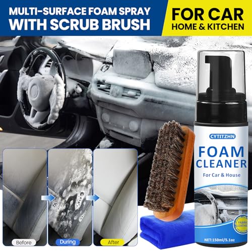 Car Interior Cleaner Kit – All-Purpose Foam Cleaner for Leather, Fabric, Vinyl, Plastic, Carpet & Upholstery | Deep Stain Remover | Includes Brush & Microfiber Towel – 5oz/150ml
