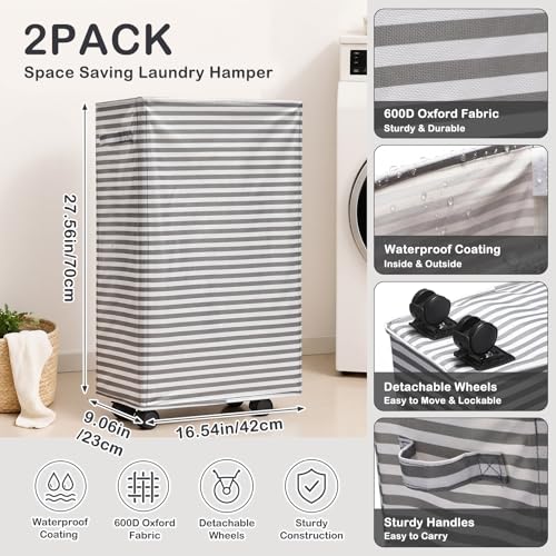 Hushee 2 Pcs Laundry Hamper with Wheels, 70 L Grey Striped Laundry Basket