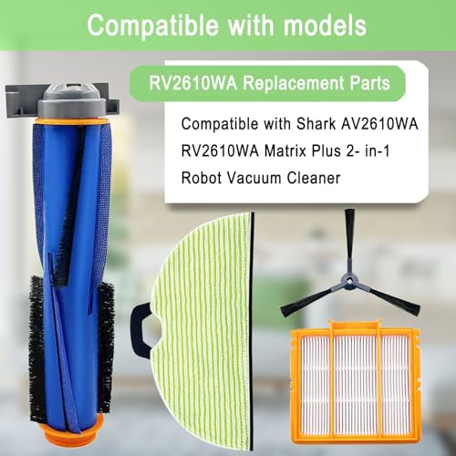 Replacement Parts for Shark AV2610WA RV2610WA Matrix Plus 2- in-1 Robot Vacuum Cleaner,1 Main Brush,3 Filters,3 Mop Pads,6 Side Brushes,1 Pre Filter,1 Filter&1 Pre-Motor Foam&Felt Filter - color: AV2610WA Complete Parts Kit