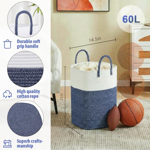 Laundry Basket,Woven Cotton Rope Laundry Hamper,Versatile Storage for Dirty Clothes,Baby Toys,and Blankets in Bathroom, Nursery,and Living Room (Blue, 60L) - color: Blue, size: 60L