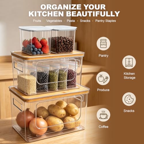 Trash Bag Organizer Under Sink Storage, 4 Piece Stackable Clear Storage Bins with Bamboo Lids, Fits 13/30/33 Gallon Bags, Organizer for Laundry Pods, Dishwasher Pods, Kitchen Pantry - size: bamboo lid