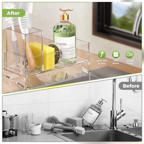 Clear Acrylic Kitchen Sink Caddy Organizer, Auto Drain Sponge Holder