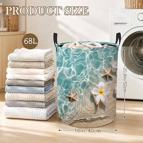 Beach Starfish Laundry Basket, Foldable Oxford Cloth Tropical Flowers Laundry Hamper with Handles, Tote Bag Clothes Storage Bucket for Laundry Room/Bathroom/Bedroom/Dormitories 20.8"x16" - color: Beach Starfish