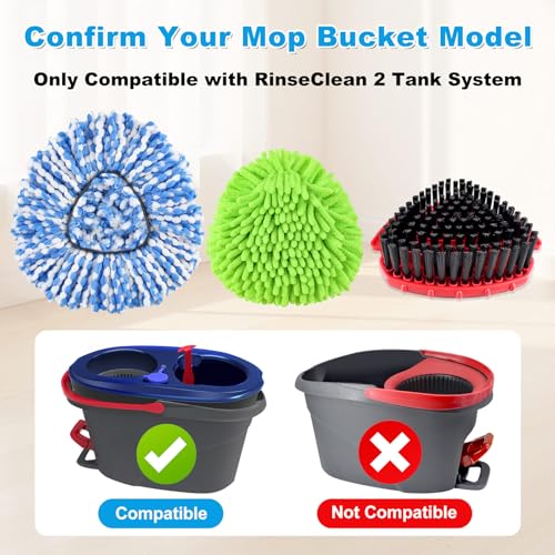 Mop Heads Replacement for Ocedar Mop Replace Heads for O Cedar RinseClean 2 Tank Spin Mop Include 2 Pack Microfiber Mop Refills 1 Green Chenille Head 1 Upgrade Scrubber Brush & 1 Mop Base