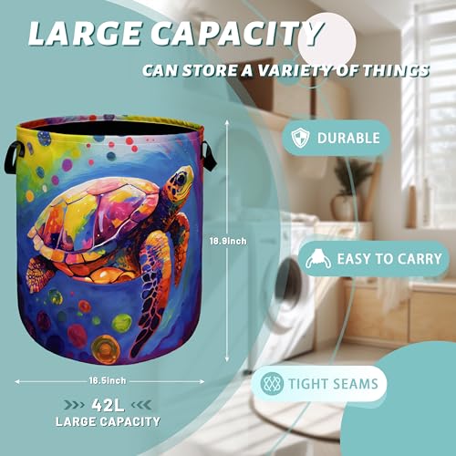 Sea Turtle Laundry Basket Foldable Oxford Cloth Hamper 18.9"x16.5" - color: Colorful Sea Turtle Cute Turtles-