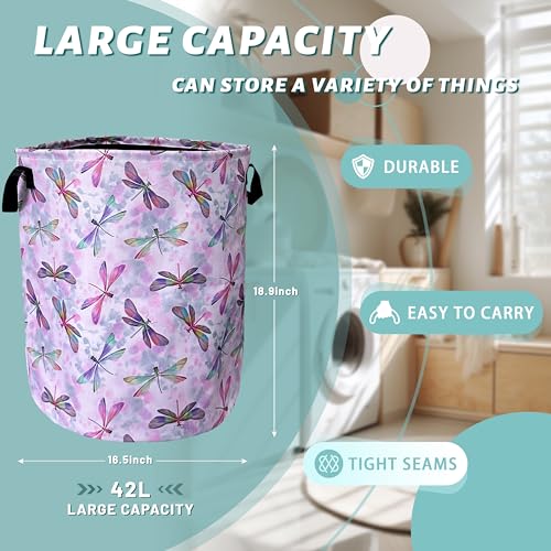 Watercolor Dragonfly Laundry Basket Oxford Cloth Foldable Hamper18.9x16.5In - color: Pink Wtercolor Dragonfly