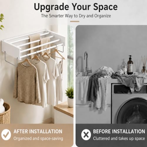 23.6in Wall Mounted Drying Rack Foldable Retractable 60lbs 5 Rods - size: 23.6 inch