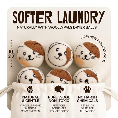 WoollyPals Wool Dryer Balls (6-Pack, XL Size)- 100% New Zealand Organic Wool - Sustainable & Eco-Friendly - Dry 1,000 Loads, Replaces Dryer Sheets, Reduces Static Cling, Reusable (Multi Colour) - color: Multi Colour