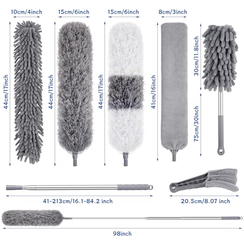 9PCS Dusters for Cleaning,Extendable Microfiber Duster with Extension Pole Up to 100'',Bendable Washable and Reusable Dusters Kit for Ceiling Fans, High Ceilings,Blinds,Furniture and Cars - color: Gray, size: 9 PCS