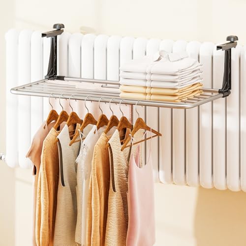 Giantex Portable Clothes Drying Rack, 31" Aluminum Hanging Laundry Rack with Adjustable and Foldable Brackets, Radiator Airer, Indoor Outdoor Towel Rack for Balcony Railings, Windowsill - size: 31"L