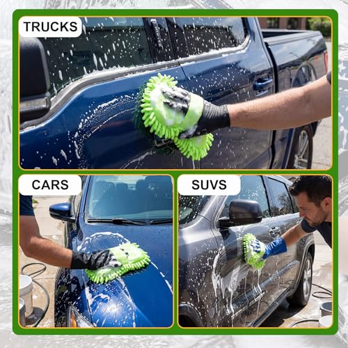3 Pack Chenille Premium Scratch-Free Microfiber Car Wash Sponges, Non-Scratch Car Cleaning Wash Mitt, Ultra-Soft Glove, Swirl-Free Finish, Safe for Trucks, Suvs(Lime Green) - color: Lime Green