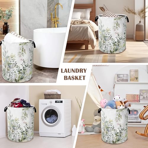 Laundry Basket,Sage Eucalyptus Collapsible Laundry Baskets, Green Leaves Waterproof Hamper with Handles for Bathroom Bedroom Nursery Home Storage16"x20" - color: Sage Eucalyptus,Green Leaves