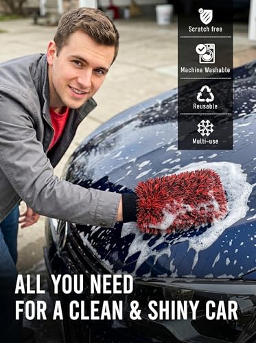 TAKAVU Car Wash Mitt, 2 Pack Microfiber, Scratch-Free (Red) - color: Red